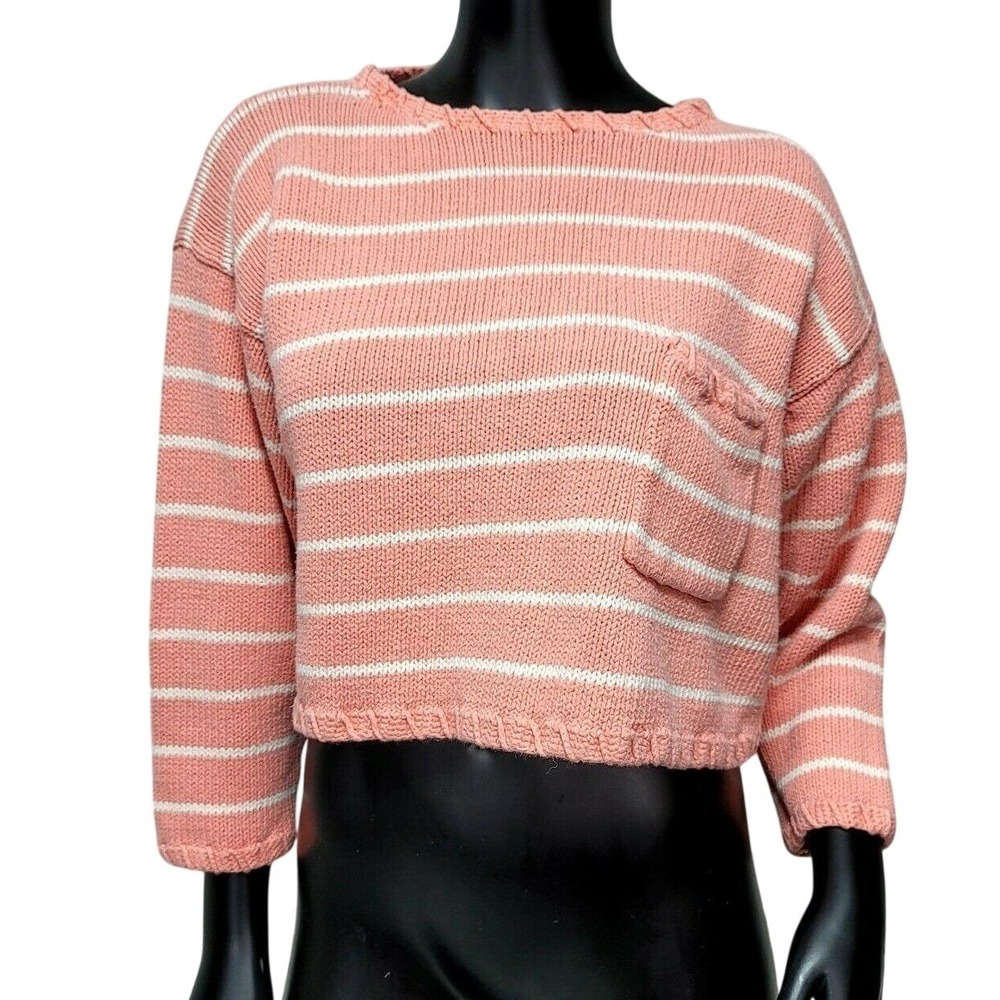 Mixed Blues M Vintage Pink White Striped Cropped Cotton‎ Ramie Knit Sweater